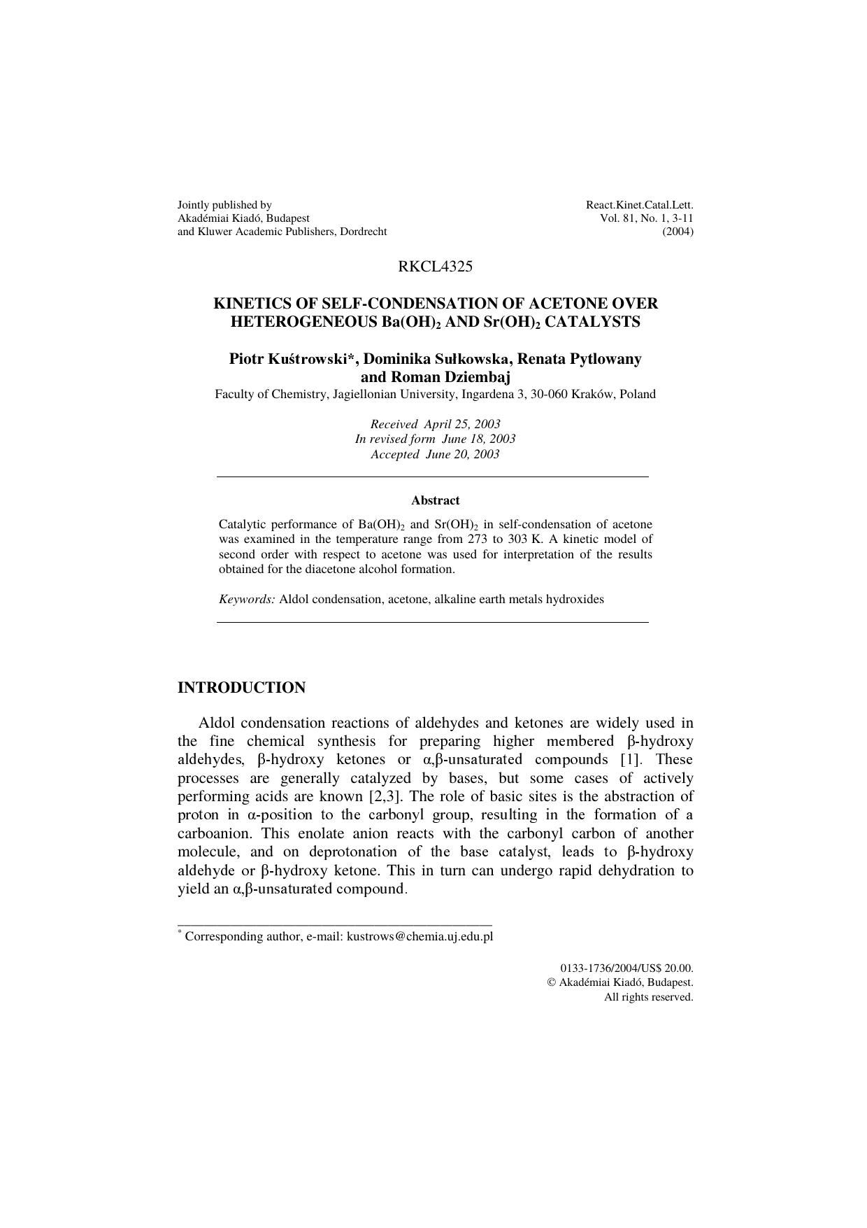 Kinetics of self-condensation of acetone over heterogeneous Ba(OH)<Subscript>2<Subscript> and Sr(OH)<Subscript>2<Subscript> catalysts by Unknown
