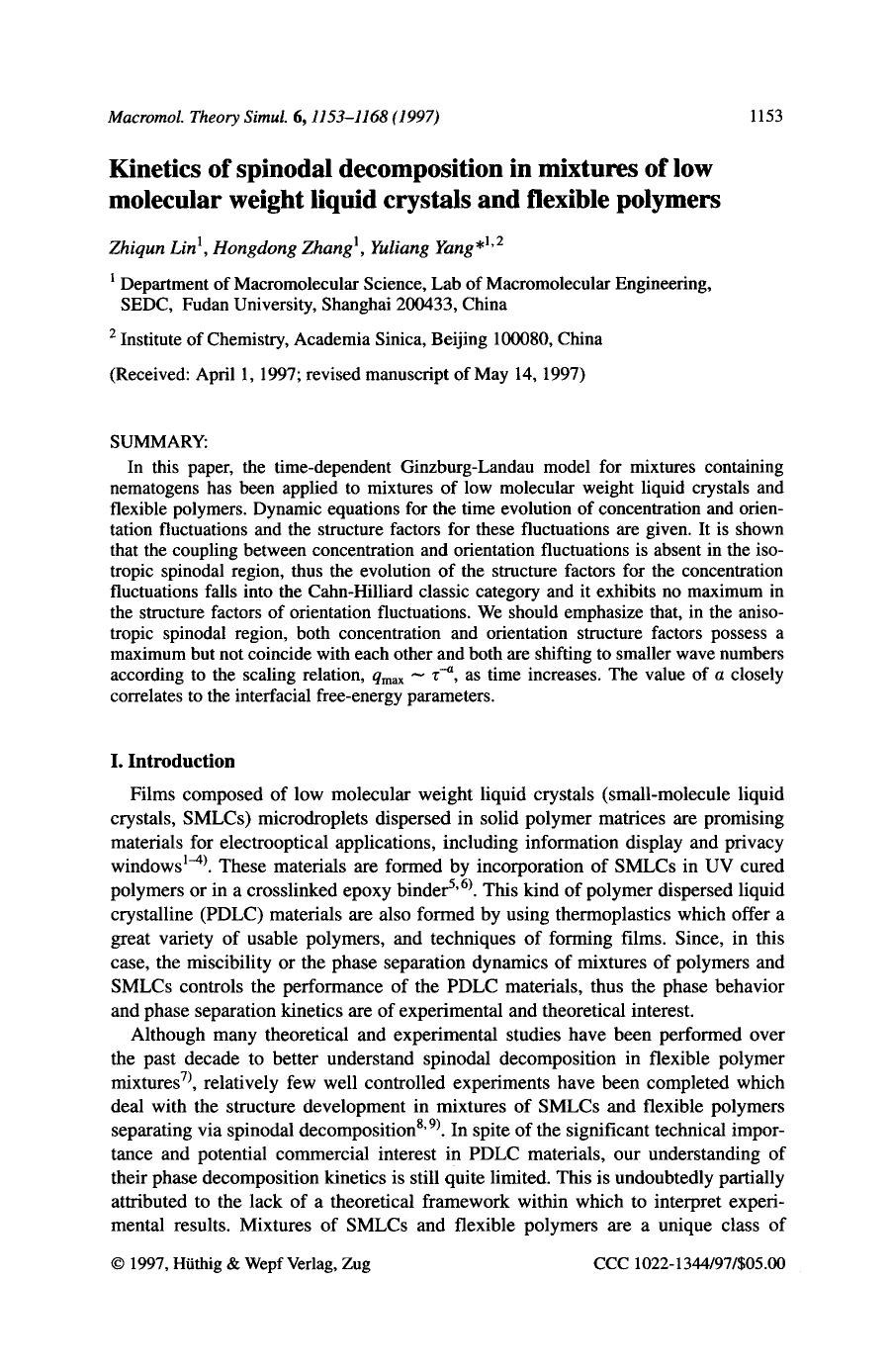 Kinetics of spinodal decomposition in mixtures of low molecular weight liquid crystals and flexible polymers by Unknown
