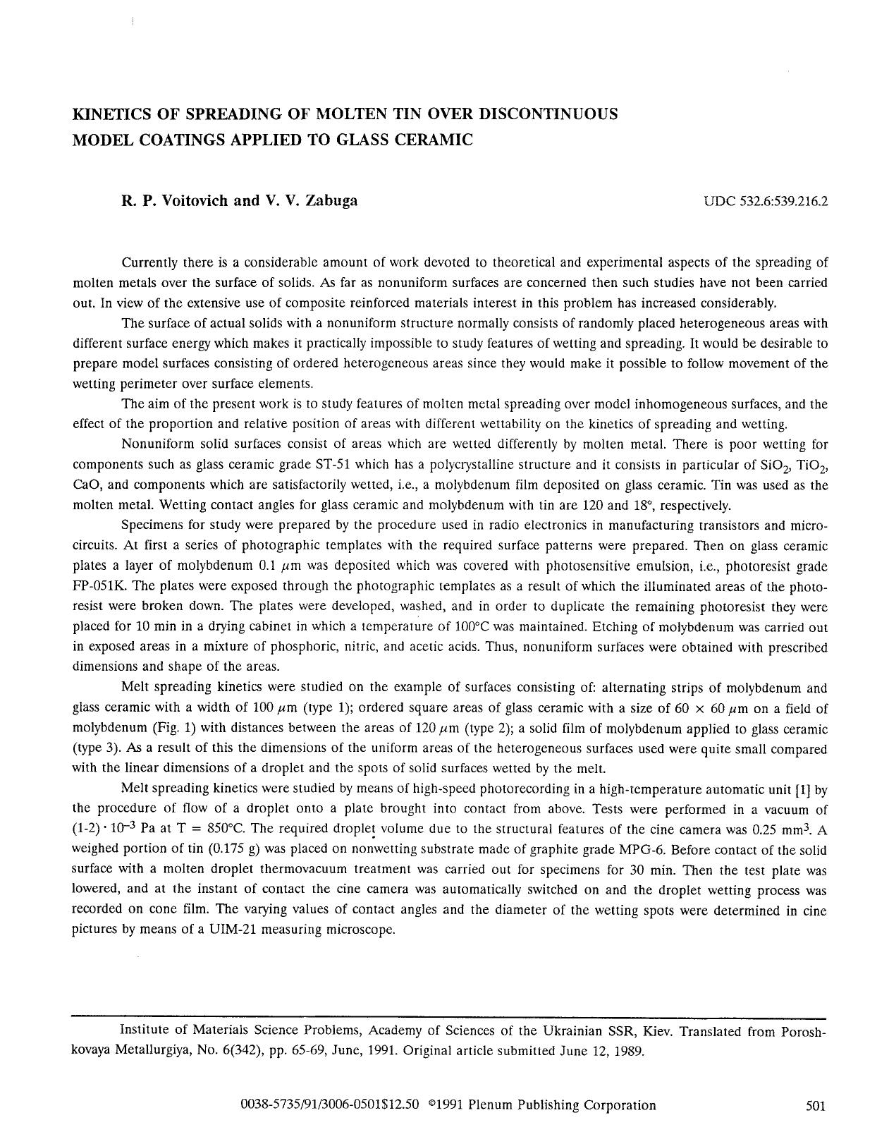 Kinetics of spreading of molten tin over discontinuous model coatings applied to glass ceramic by Unknown