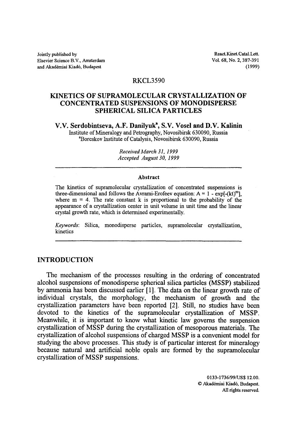 Kinetics of supramolecular crystallization of concentrated suspensions of monodisperse spherical silica particles by Unknown
