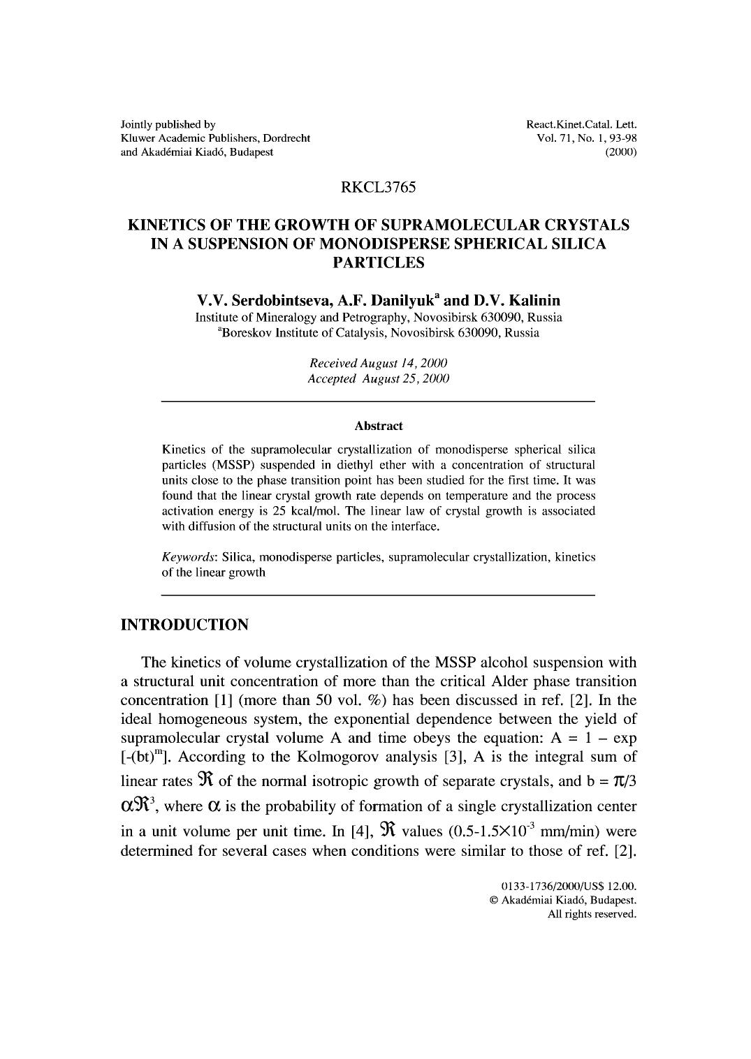 Kinetics of the Growth of Supramolecular Crystals in a Suspension of Monodisperse Spherical Silica Particles by Unknown