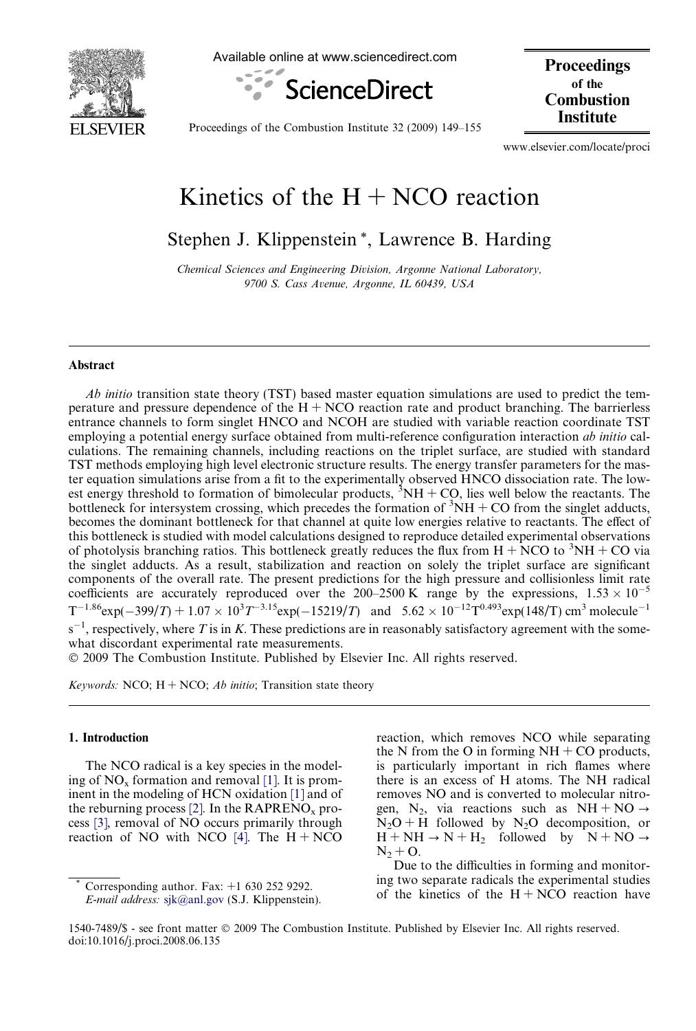 Kinetics of the H+NCO reaction by Stephen J. Klippenstein; Lawrence B. Harding