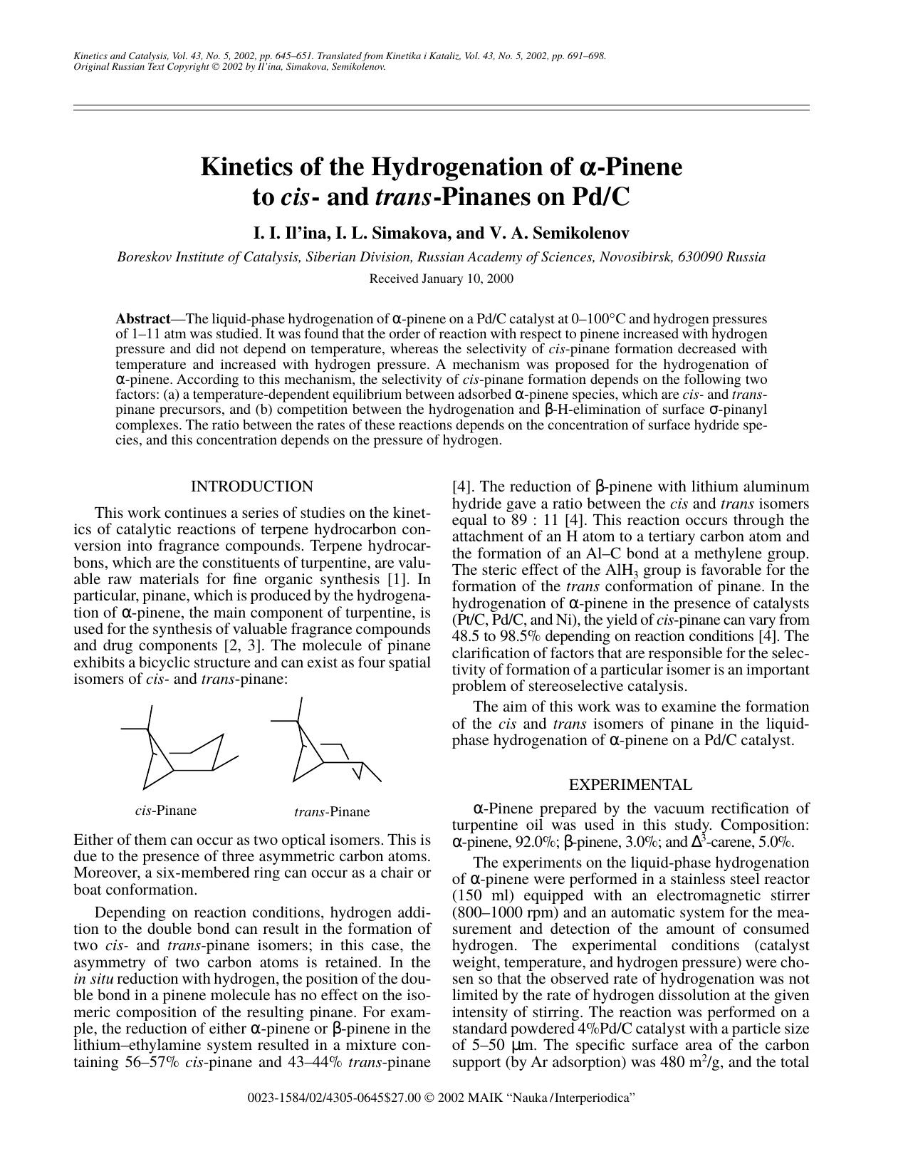 Kinetics of the Hydrogenation of &#x03B1;-Pinene to cis- and trans-Pinanes on PdC by Unknown