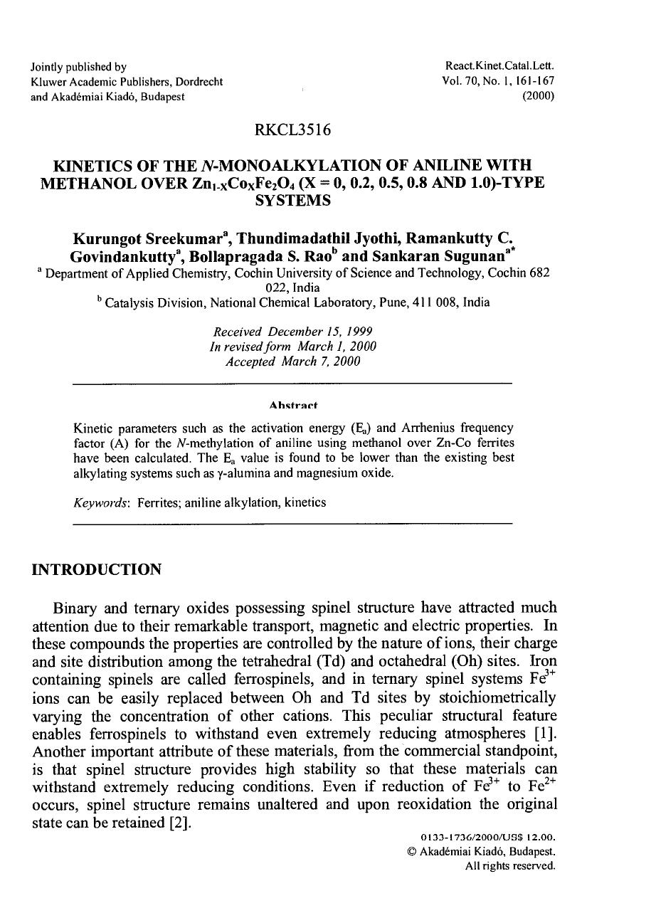 Kinetics of the N-Monoalkylation of Aniline with Methanol Over Zn1−XCoXFe2O4 (X = 0, 0.2, 0.5, 0.8 and 1.0)-Type Systems by Unknown