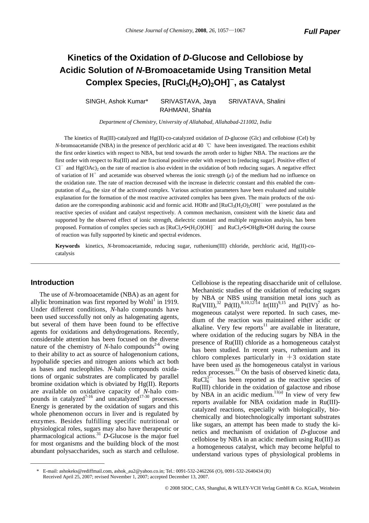 Kinetics of the Oxidation of D-Glucose and Cellobiose by Acidic Solution of N-Bromoacetamide Using Transition Metal Complex Species, [RuCl3(H2O)2OH] [minus], as Catalyst by uy