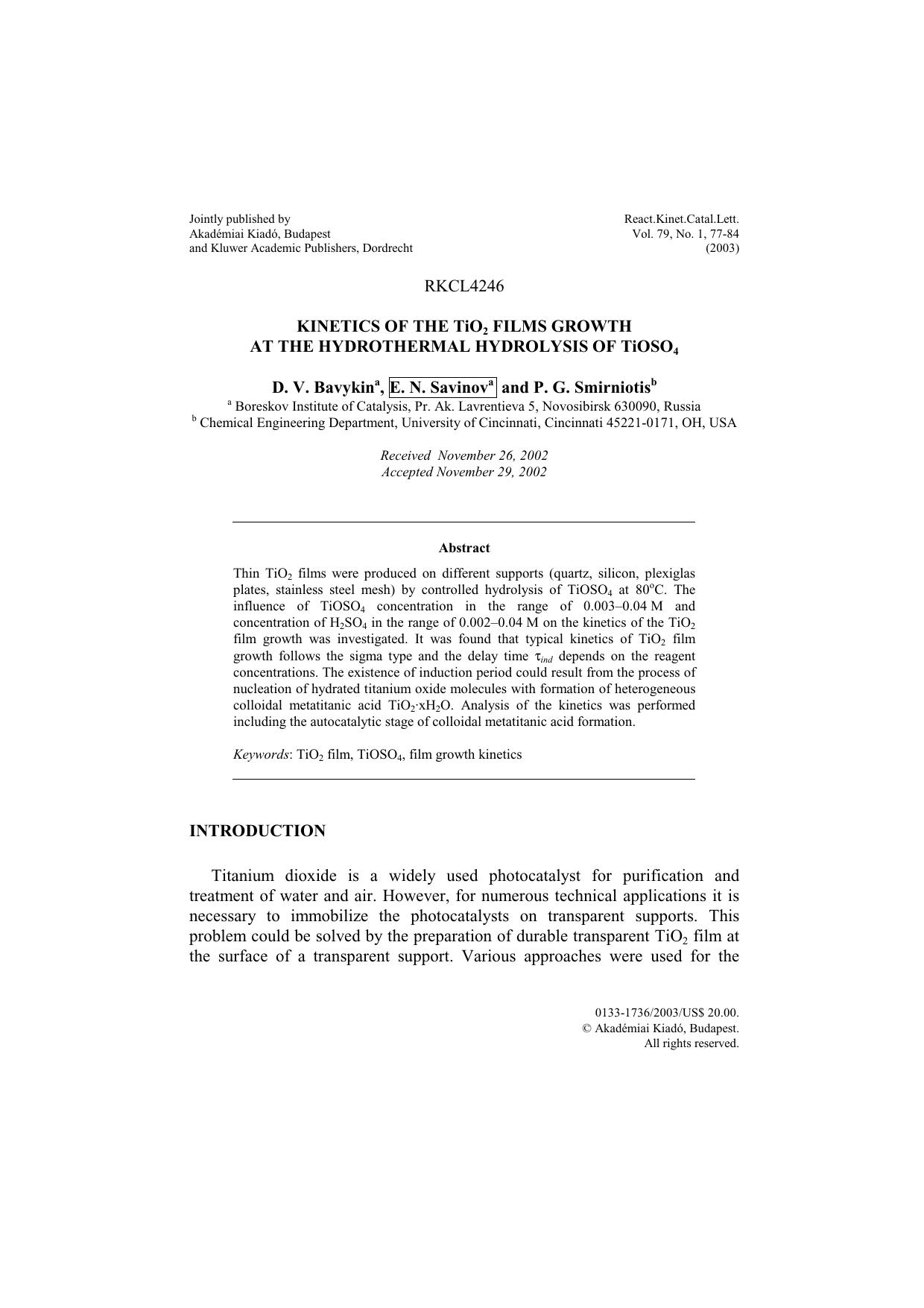 Kinetics of the TiO<Subscript>2<Subscript> films growth at the hydrothermal hydrolysis of TiOSO<Subscript>4<Subscript> by Unknown
