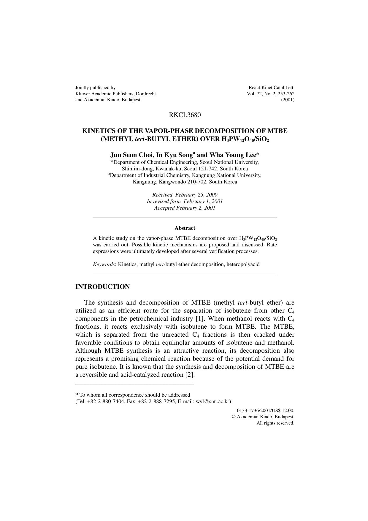 Kinetics of the Vapor-Phase Decomposition of Mtbe (Methyl Tert-Butyl Ether) over h3pw12o40sio2 by Unknown