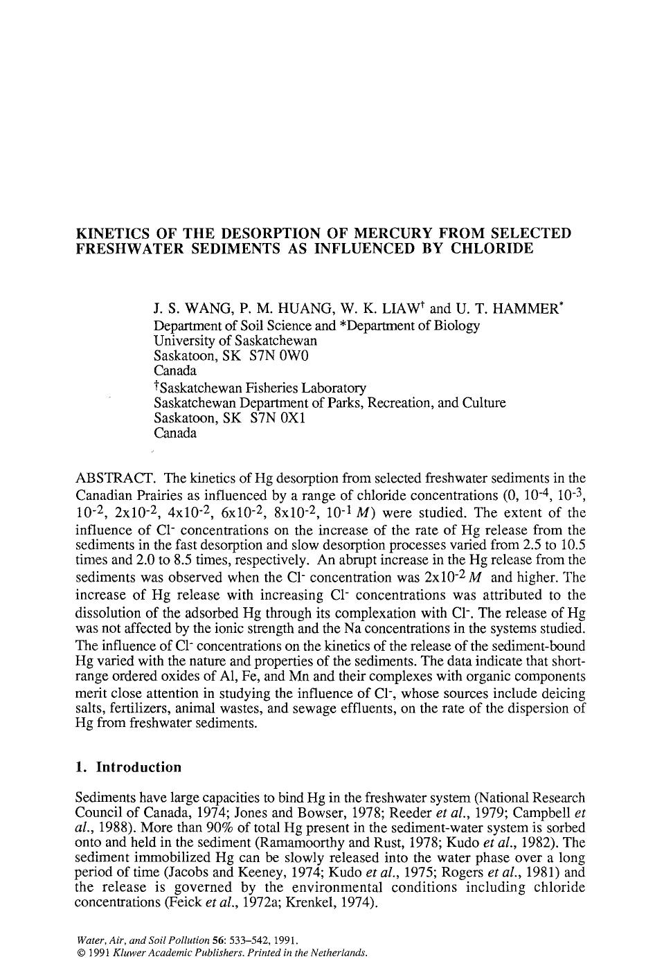 Kinetics of the desorption of mercury from selected freshwater sediments as influenced by chloride by Unknown