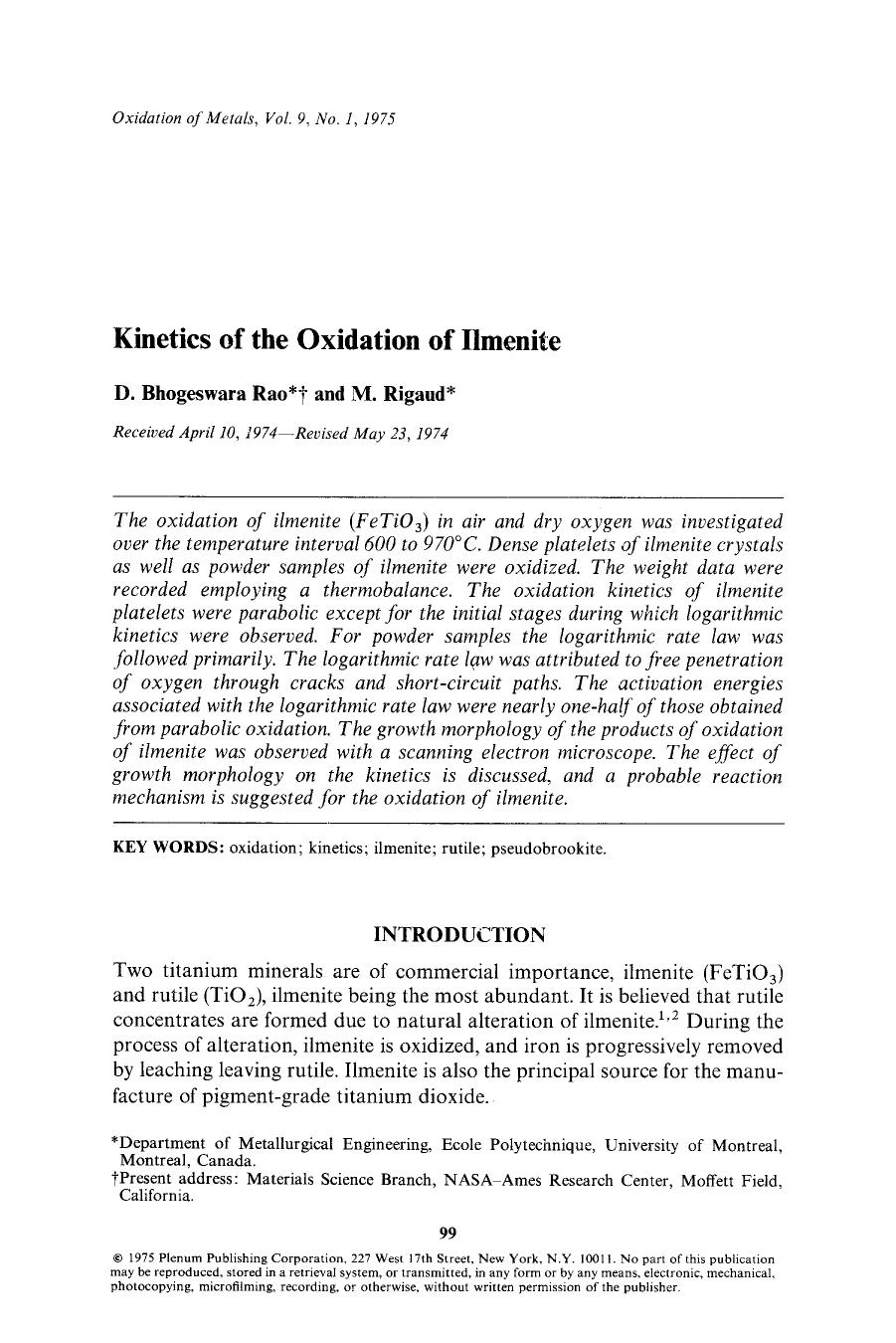 Kinetics of the oxidation of ilmenite by Unknown