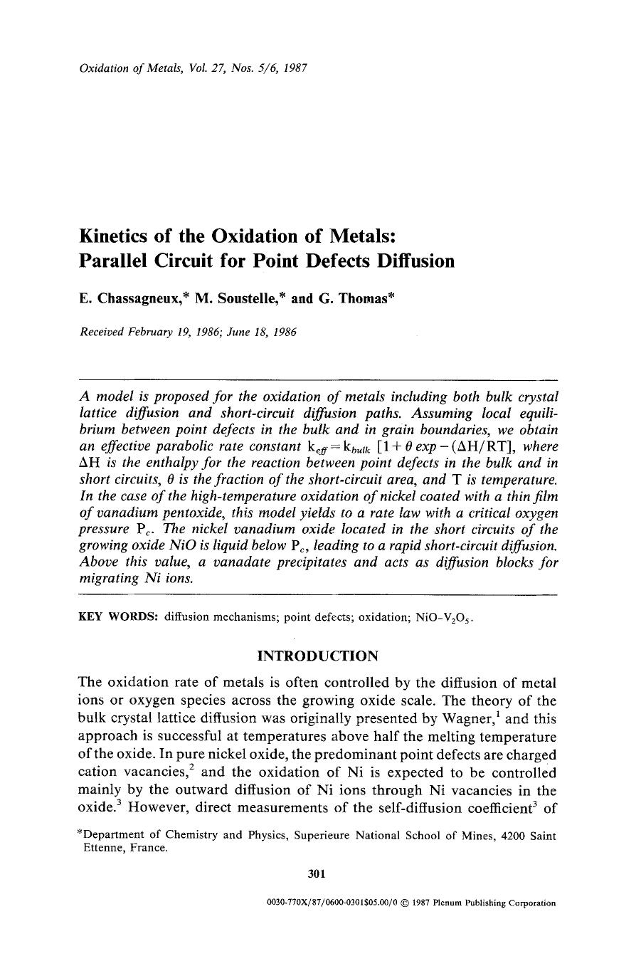 Kinetics of the oxidation of metals: Parallel circuit for point defects diffusion by Unknown