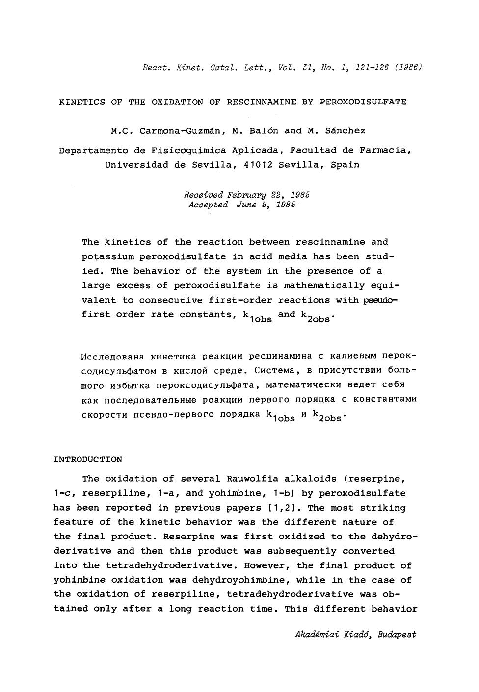 Kinetics of the oxidation of rescinnamine by peroxodisulfate by Unknown