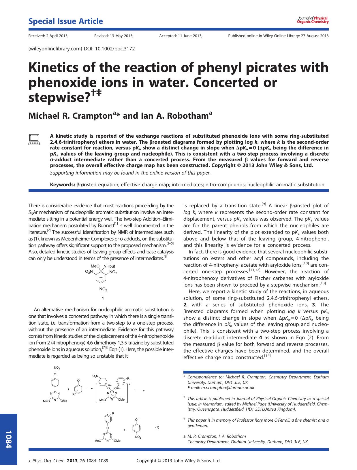 Kinetics of the reaction of phenyl picrates with phenoxide ions in water. Concerted or stepwise? by Unknown
