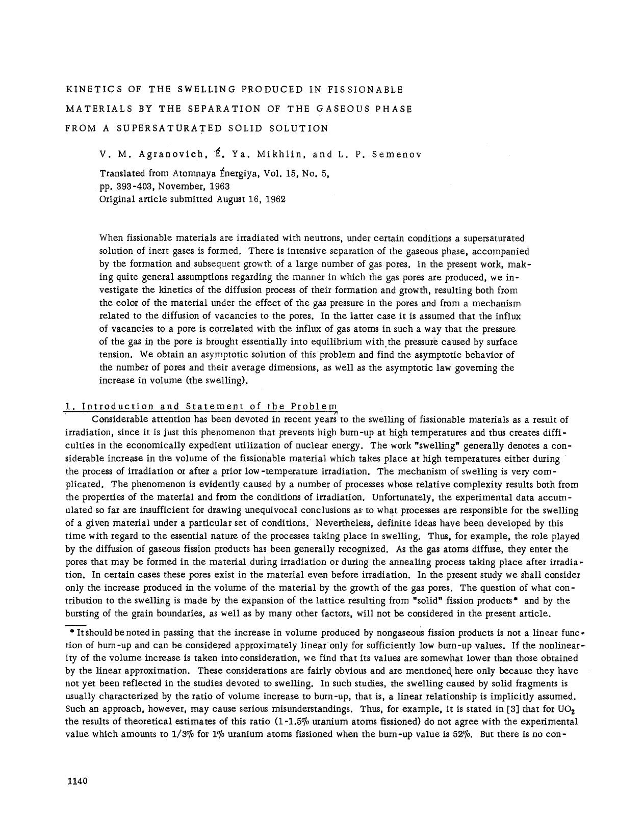 Kinetics of the swelling produced in fissionable materials by the separation of the gaseous phase from a supersaturated solid solution by Unknown