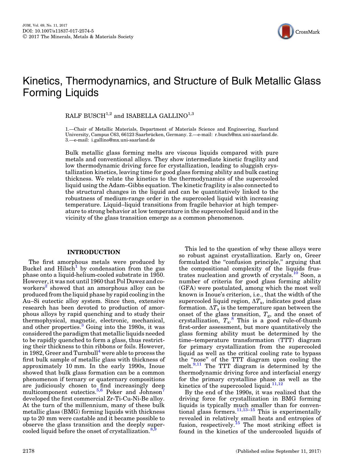 Kinetics, Thermodynamics, and Structure of Bulk Metallic Glass Forming Liquids by Ralf Busch & Isabella Gallino