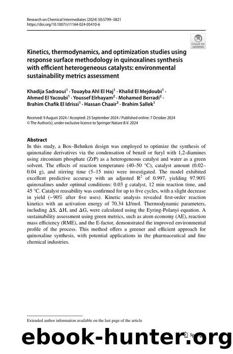 Kinetics, thermodynamics, and optimization studies using response surface methodology in quinoxalines synthesis with efficient heterogeneous catalysts: environmental sustainability metrics assessment by unknow