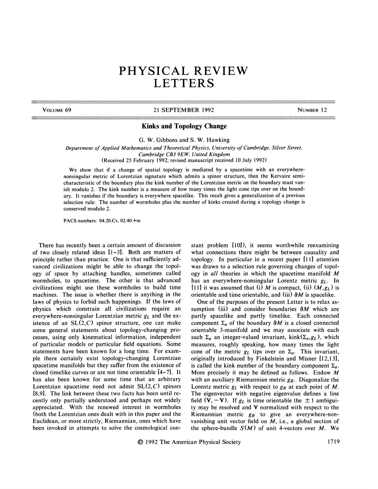 Kinks and topology change by G. W. Gibbons & S. W. Hawking