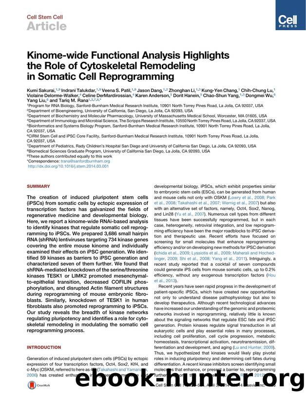 Kinome-wide Functional Analysis Highlights the Role of Cytoskeletal Remodeling in Somatic Cell Reprogramming by unknow