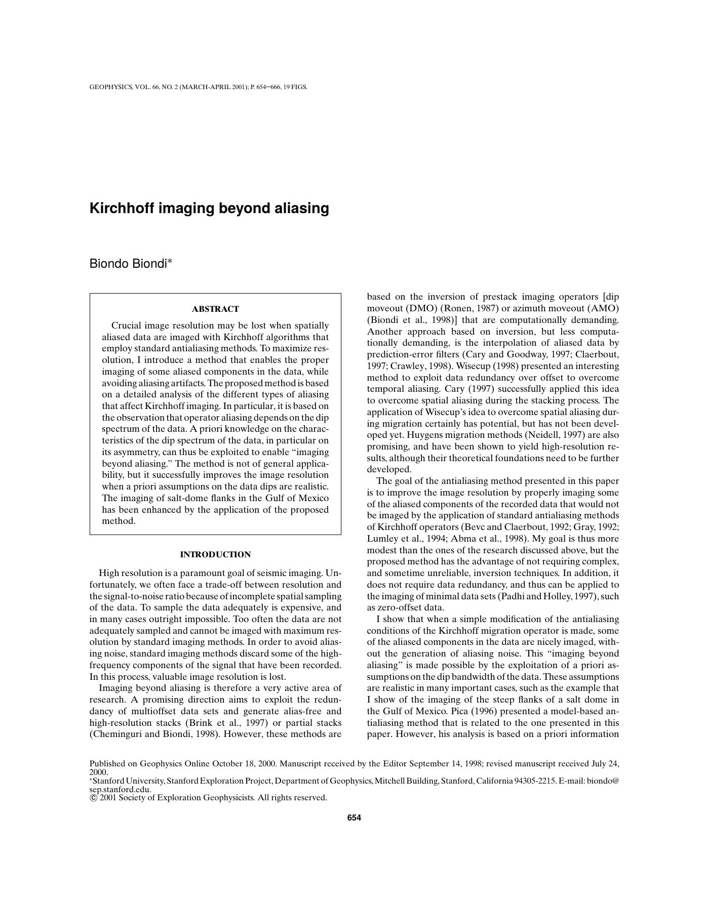 Kirchhoff imaging beyond aliasing by B. Biondi