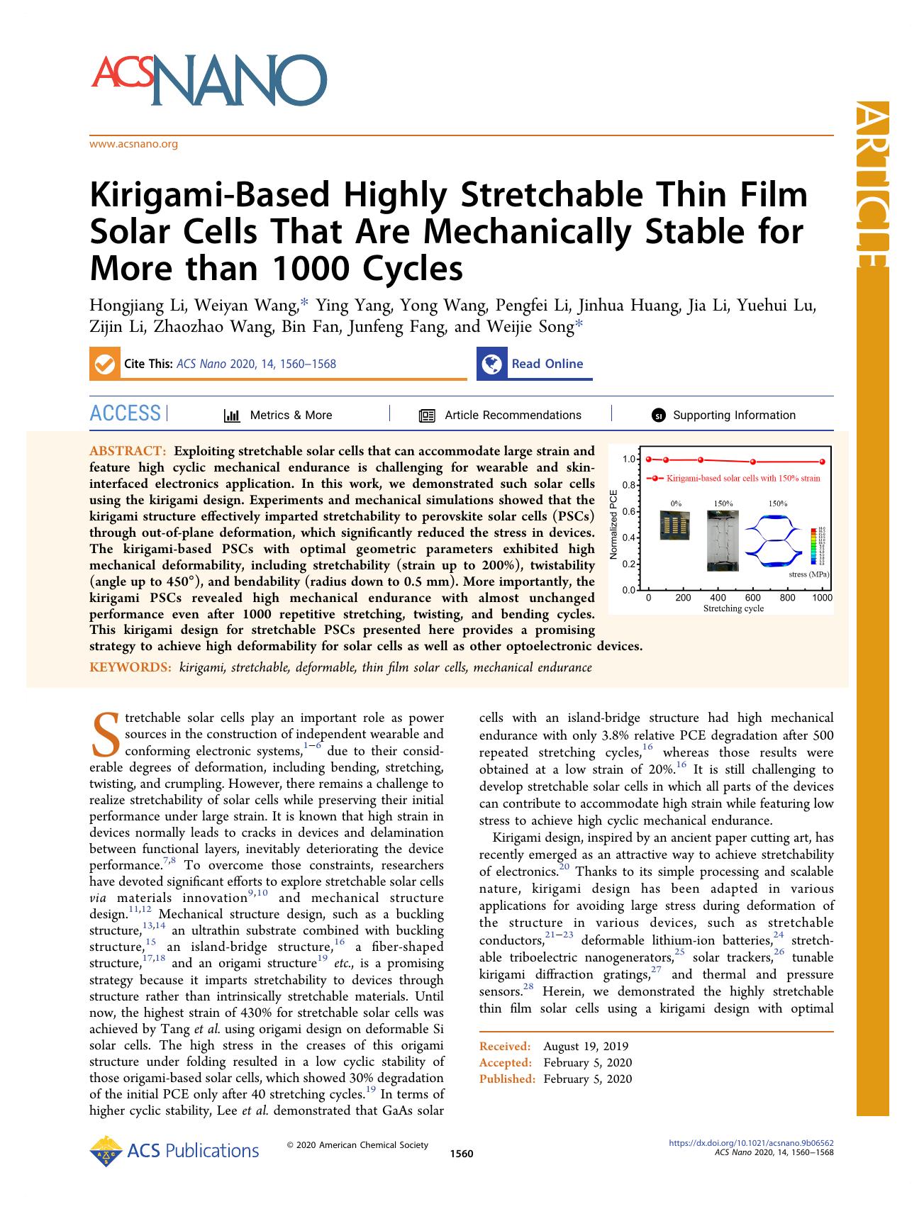 Kirigami-Based Highly Stretchable Thin Film Solar Cells That Are Mechanically Stable for More than 1000 Cycles by unknow