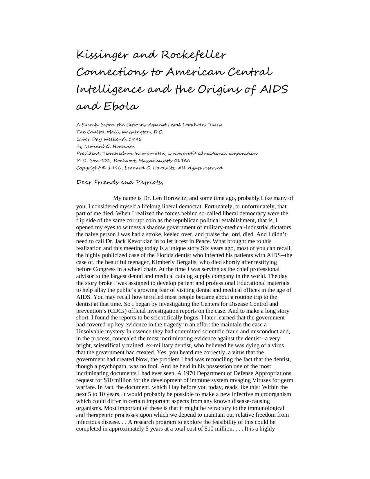 Kissinger and Rockefeller Connections to American Central Intelligence and the Origins of AIDS and Ebola by U-96