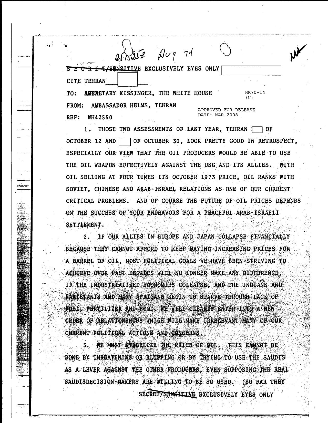 Kissinger for Helms {WH42550} re 2 assessments of last year 74 1503866 by Unknown