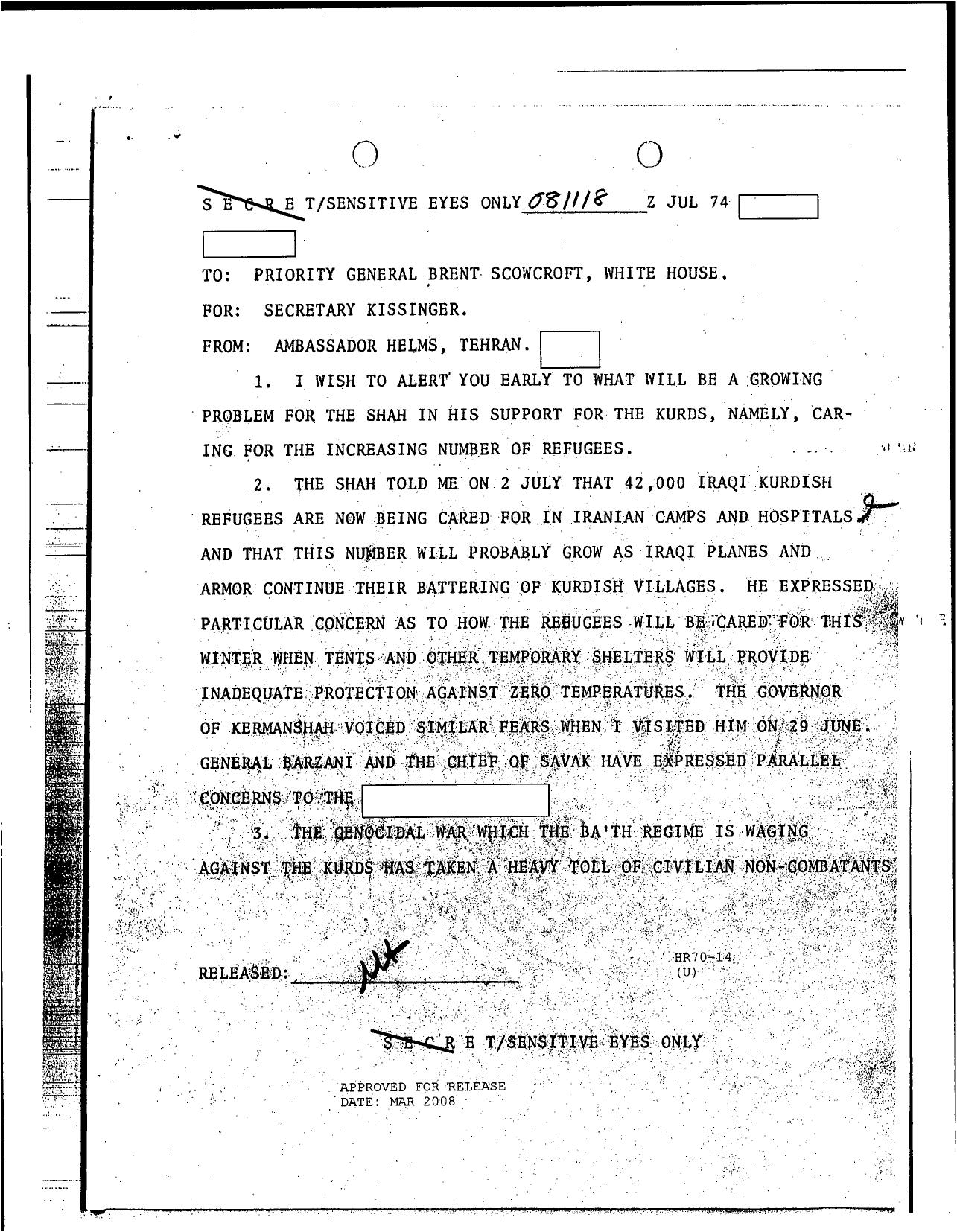 Kissinger for Helms re Growing problem for the Shah 74 1503825 by Unknown
