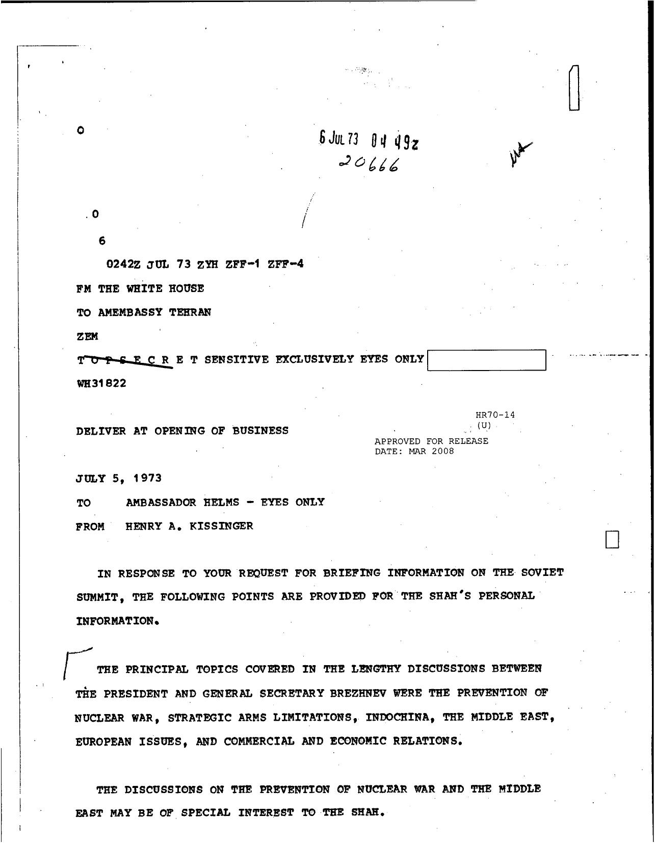 Kissinger to Helms [WH31822] re info on the Soviet Summit by Unknown
