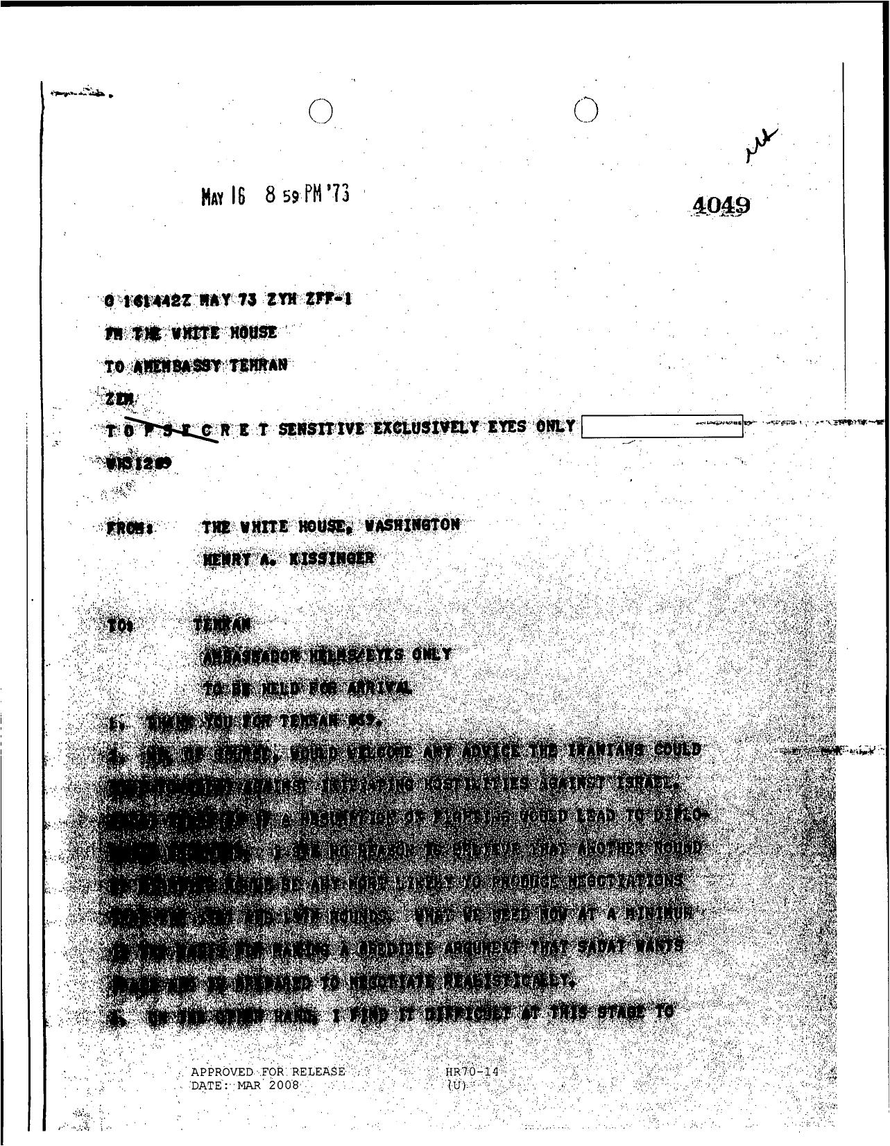 Kissinger to Helms re advice the Iranians could give to Sadat by Unknown