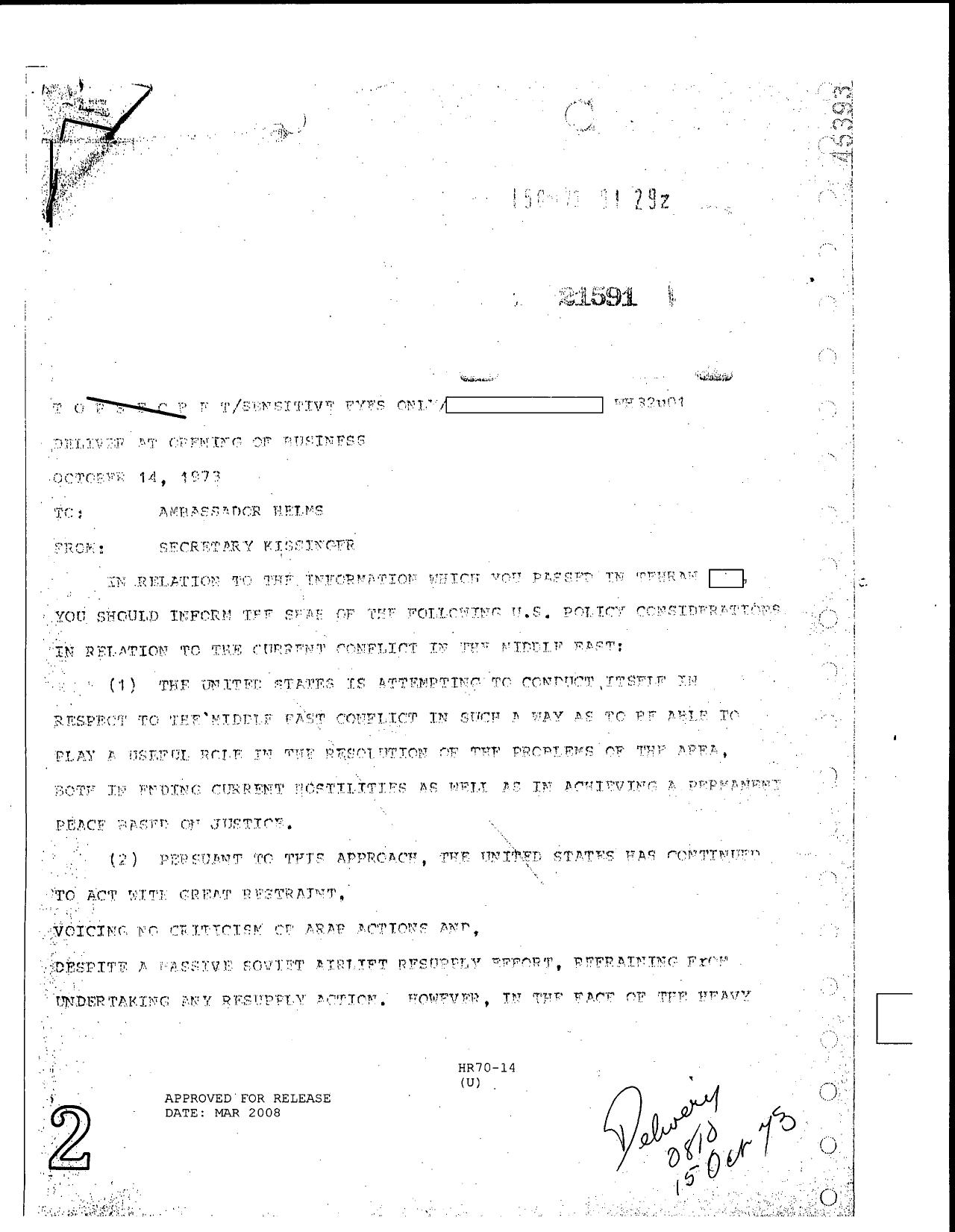 Kissinger to Helms re information passed in Tehran cable by Unknown