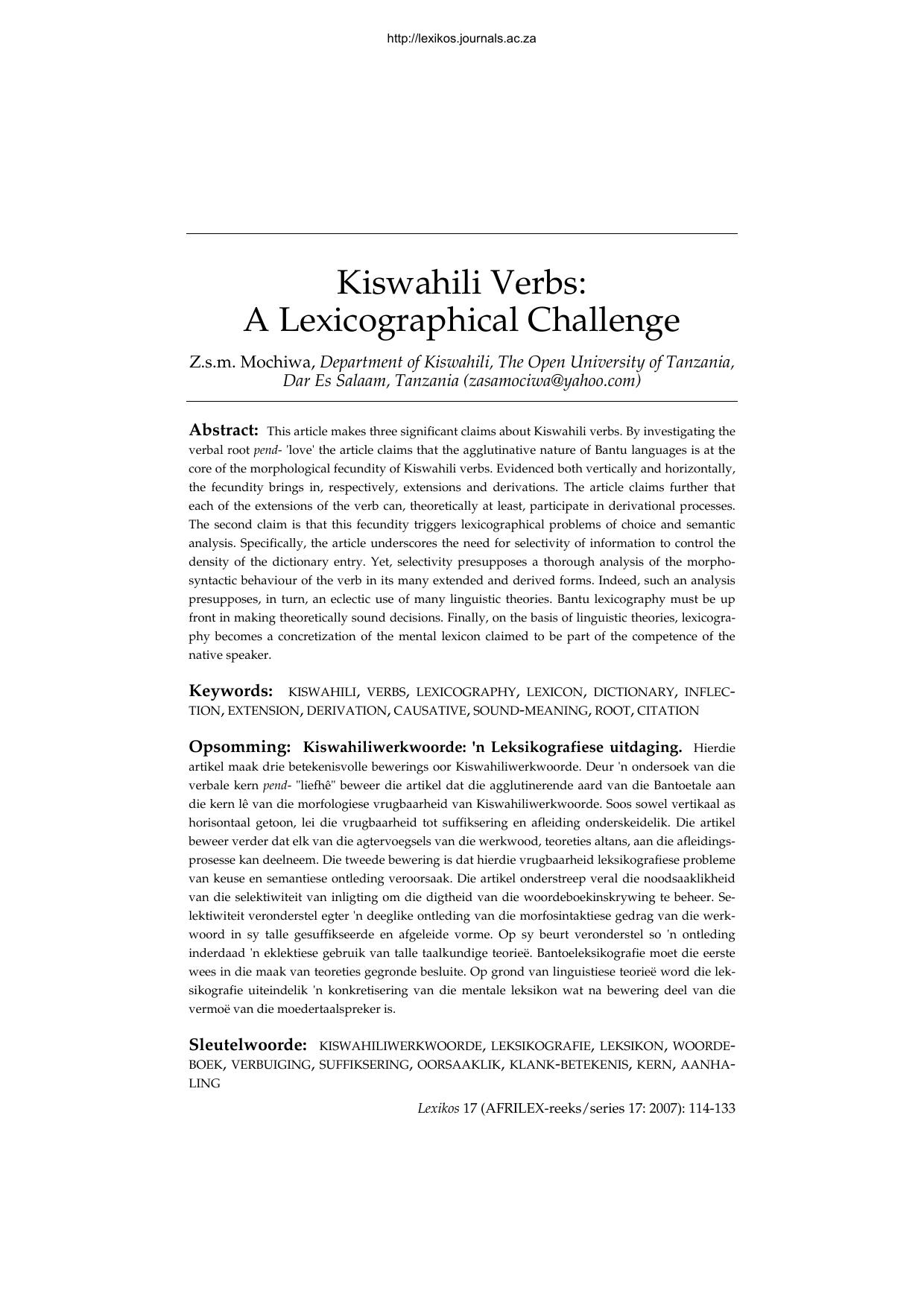 Kiswahili Verbs: A Lexicographical Challenge by Mochiwa Z.s.m