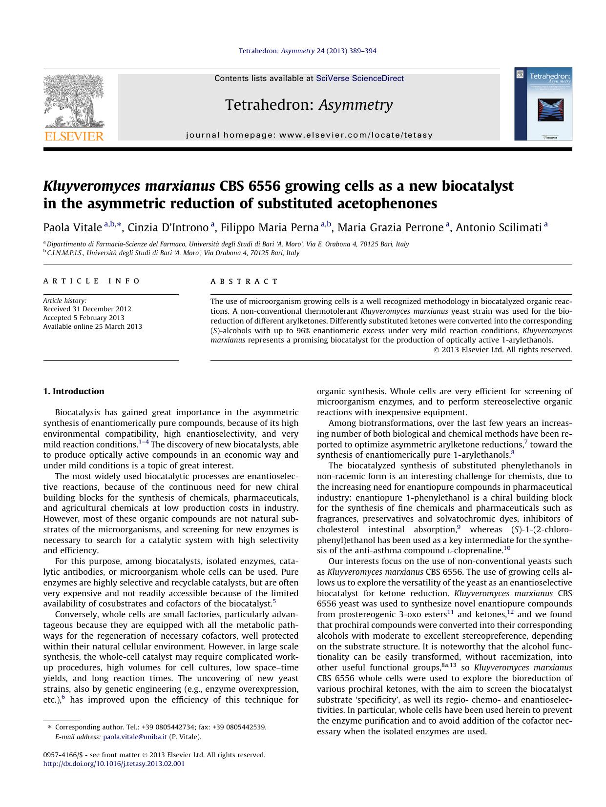 Kluyveromyces marxianus CBS 6556 growing cells as a new biocatalyst in the asymmetric reduction of substituted acetophenones by Paola Vitale & Cinzia D’Introno & Filippo Maria Perna & Maria Grazia Perrone & Antonio Scilimati