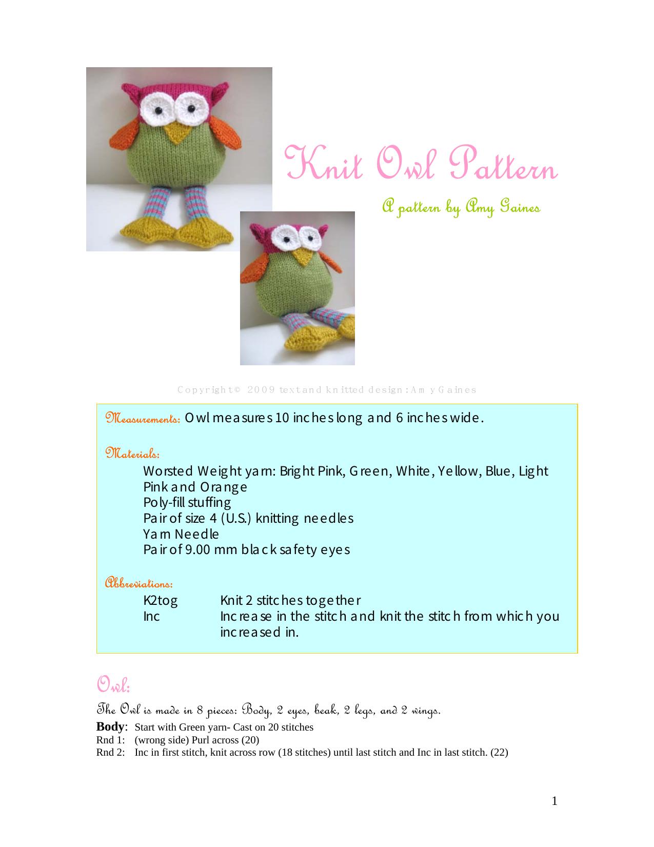 Knit Owl Pattern by Christopher Gaines