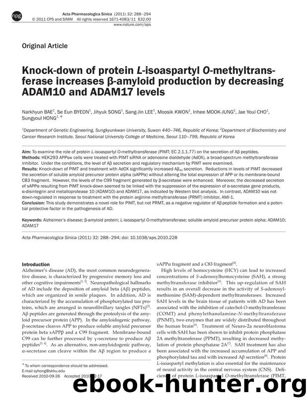 Knock-down of protein L-isoaspartyl O-methyltransferase increases Î²-amyloid production by decreasing ADAM10 and ADAM17 levels by unknow