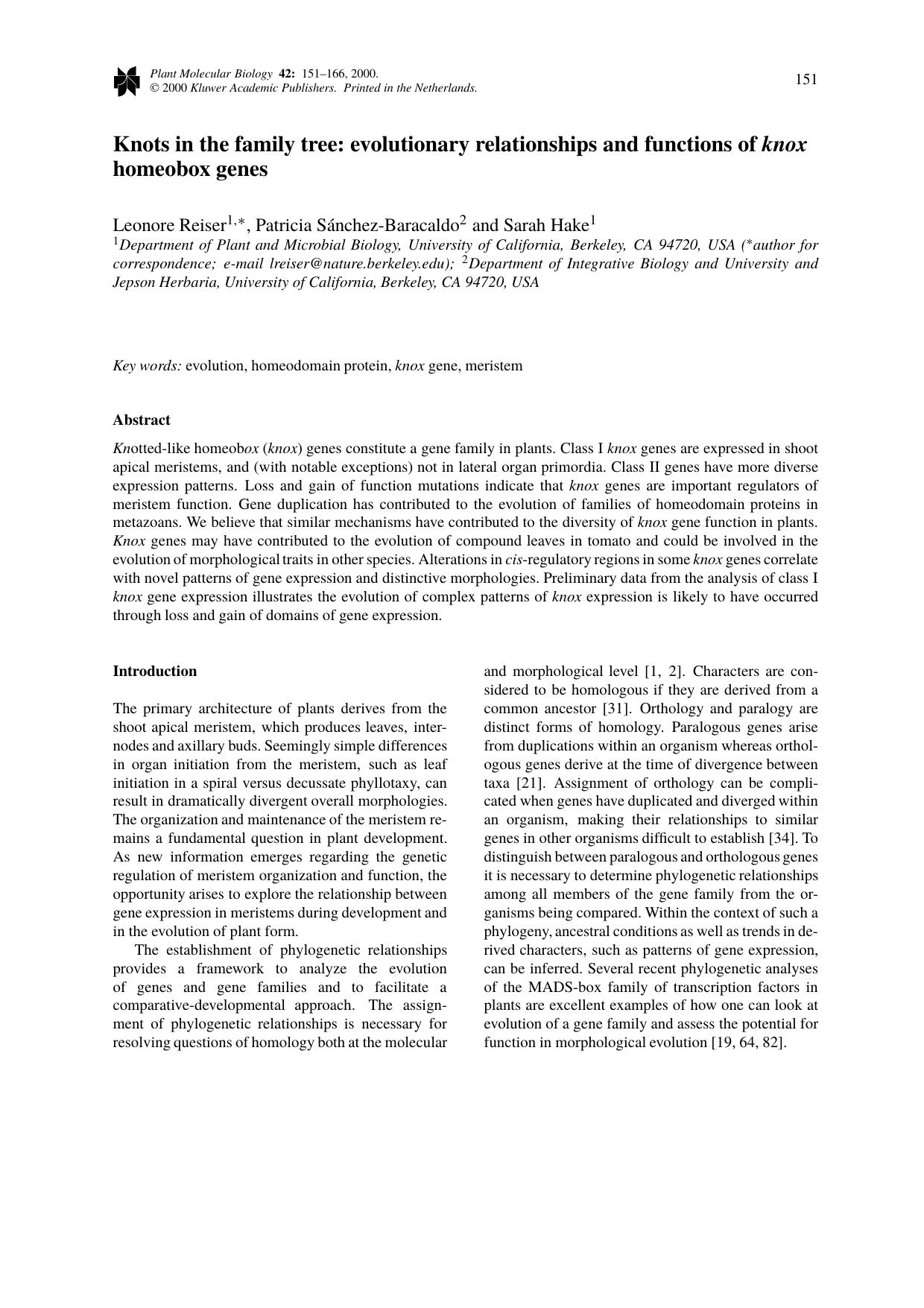 Knots in the family tree: evolutionary relationships and functions of knox homeobox genes by Unknown