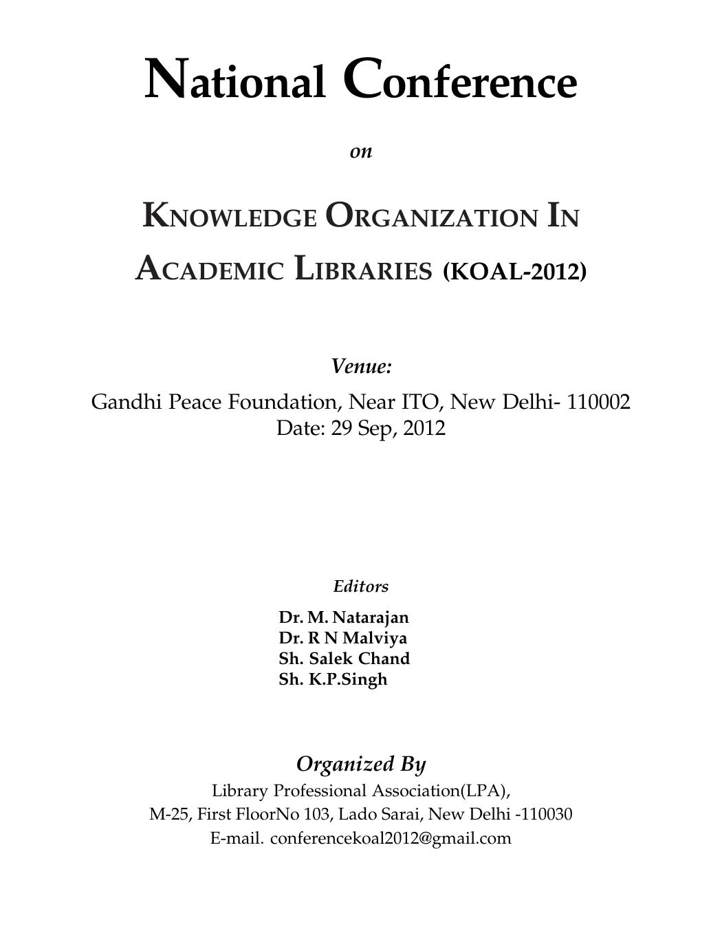 Knowledge organization in academic libraries by M Natarajan (Library scientist); Library Professional Association (New Delhi India); et al