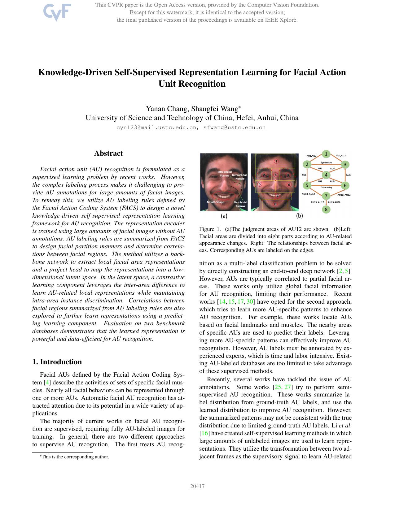 Knowledge-Driven Self-Supervised Representation Learning for Facial Action Unit Recognition by Yanan Chang & Shangfei Wang