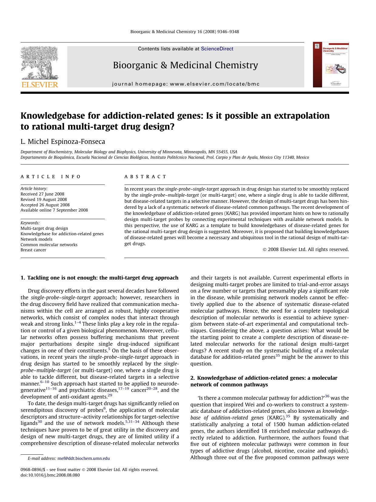 Knowledgebase for addiction-related genes: Is it possible an extrapolation to rational multi-target drug design? by L. Michel Espinoza-Fonseca