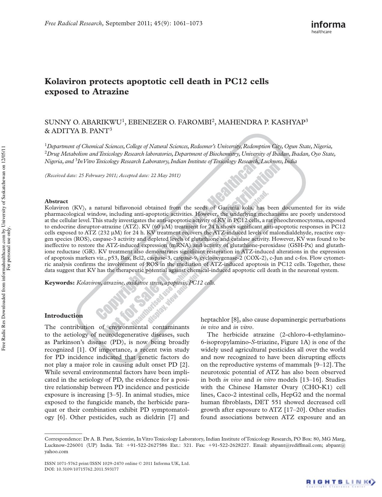 Kolaviron protects apoptotic cell death in PC12 cells exposed to Atrazine by unknow