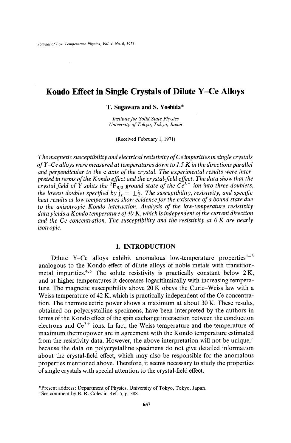 Kondo effect in single crystals of dilute Y-Ce alloys by Unknown