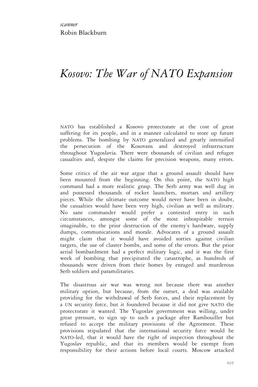 Kosovo: The War of NATO Expansion by Robin Blackburn