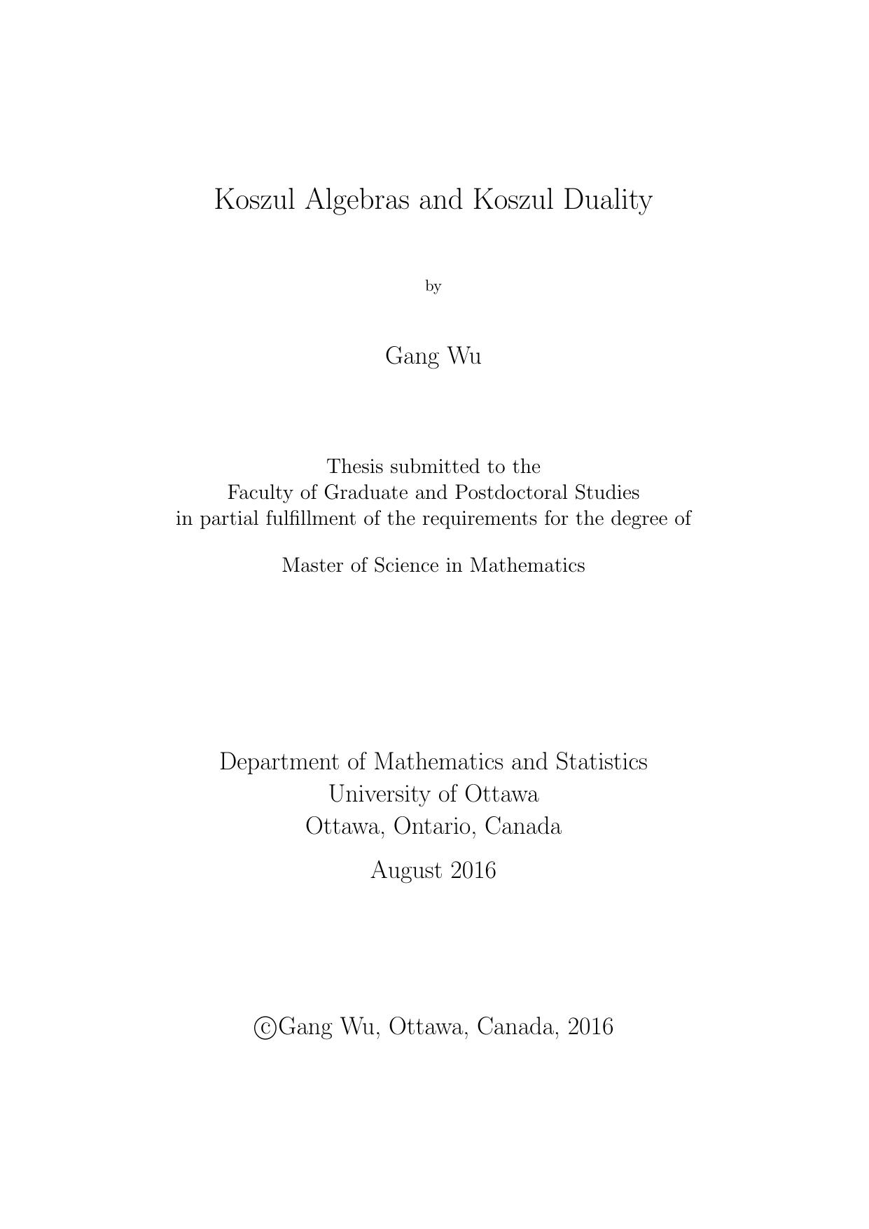 Koszul Algebras and Koszul Duality [PhD thesis] by Gang Wu