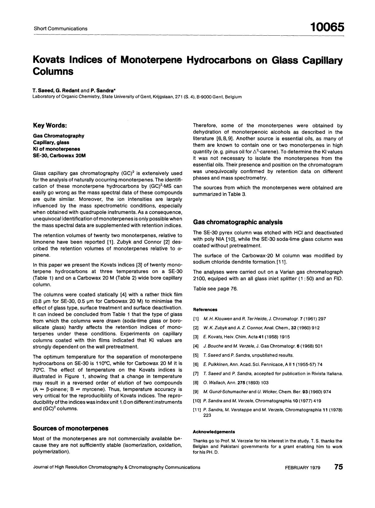 Kovats indices of monoterpene hydrocarbons on glass capillary columns by Unknown