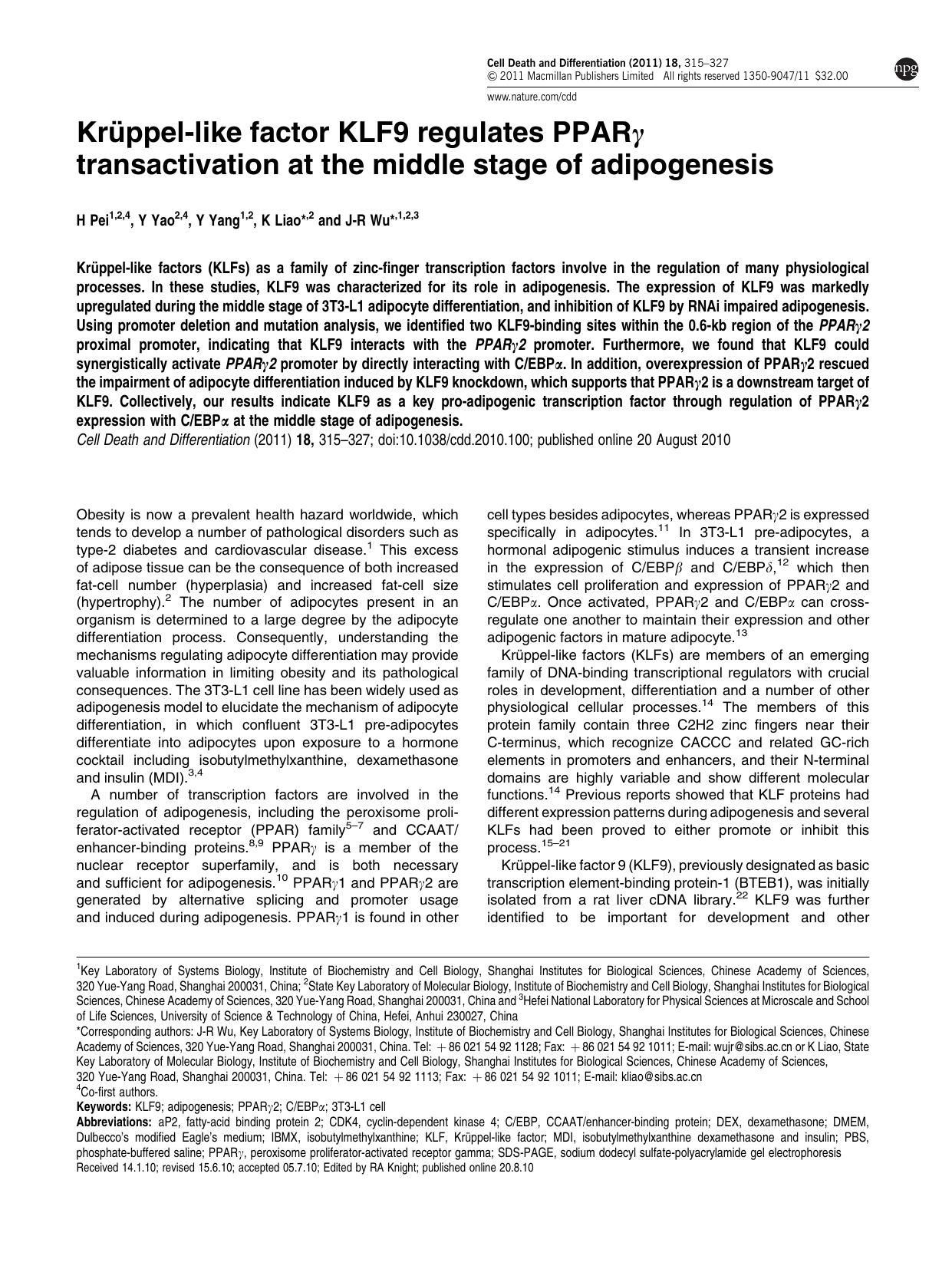 Kr&uuml;ppel-like factor KLF9 regulates PPAR&gamma; transactivation at the middle stage of adipogenesis by H Pei & Y Yao & Y Yang & K Liao & J-R Wu