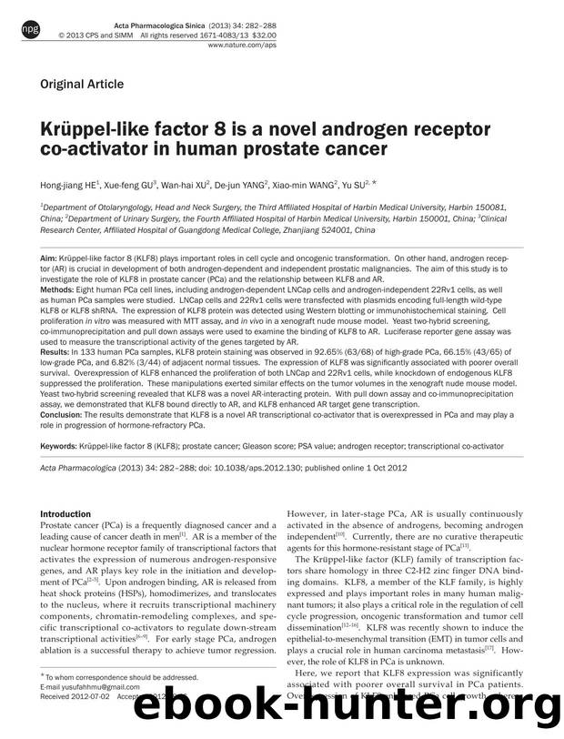 KrÃ¼ppel-like factor 8 is a novel androgen receptor co-activator in human prostate cancer by Hong-jiang He & Xue-feng Gu & Wan-hai Xu & De-jun Yang & Xiao-min Wang & Yu Su