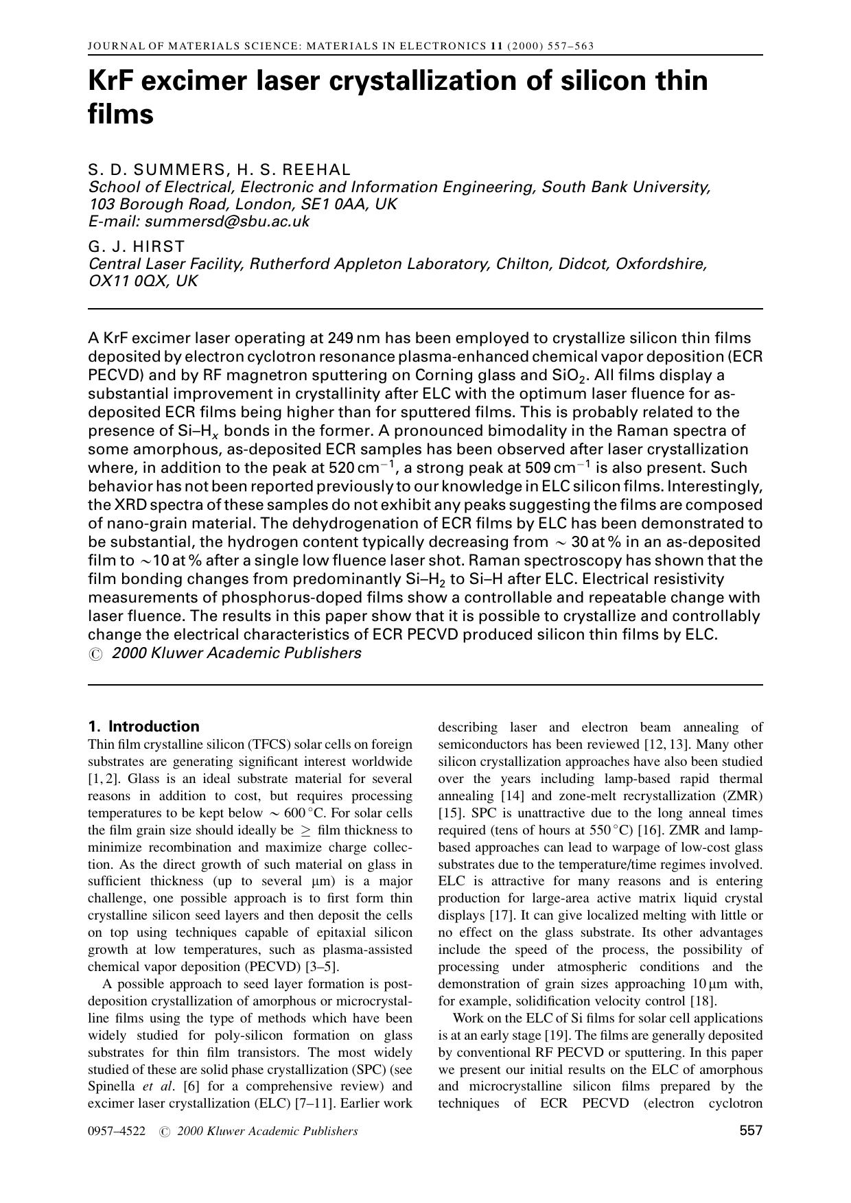 KrF excimer laser crystallization of silicon thin films by Unknown