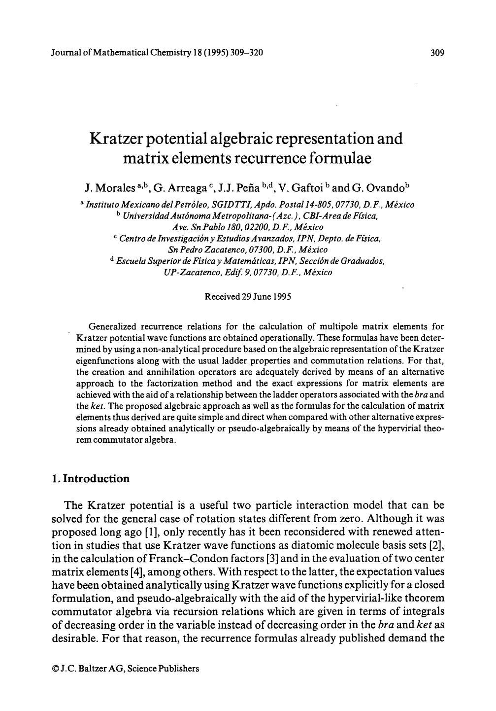 Kratzer potential algebraic representation and matrix elements recurrence formulae by Unknown