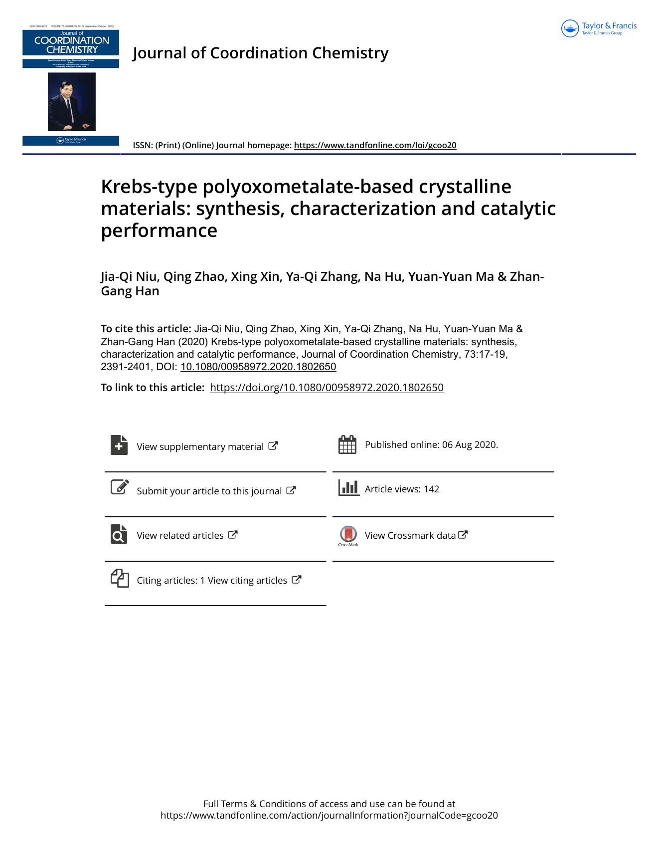 Krebs-type polyoxometalate-based crystalline materials: synthesis, characterization and catalytic performance by Niu Jia-Qi & Zhao Qing & Xin Xing & Zhang Ya-Qi & Hu Na & Ma Yuan-Yuan & Han Zhan-Gang
