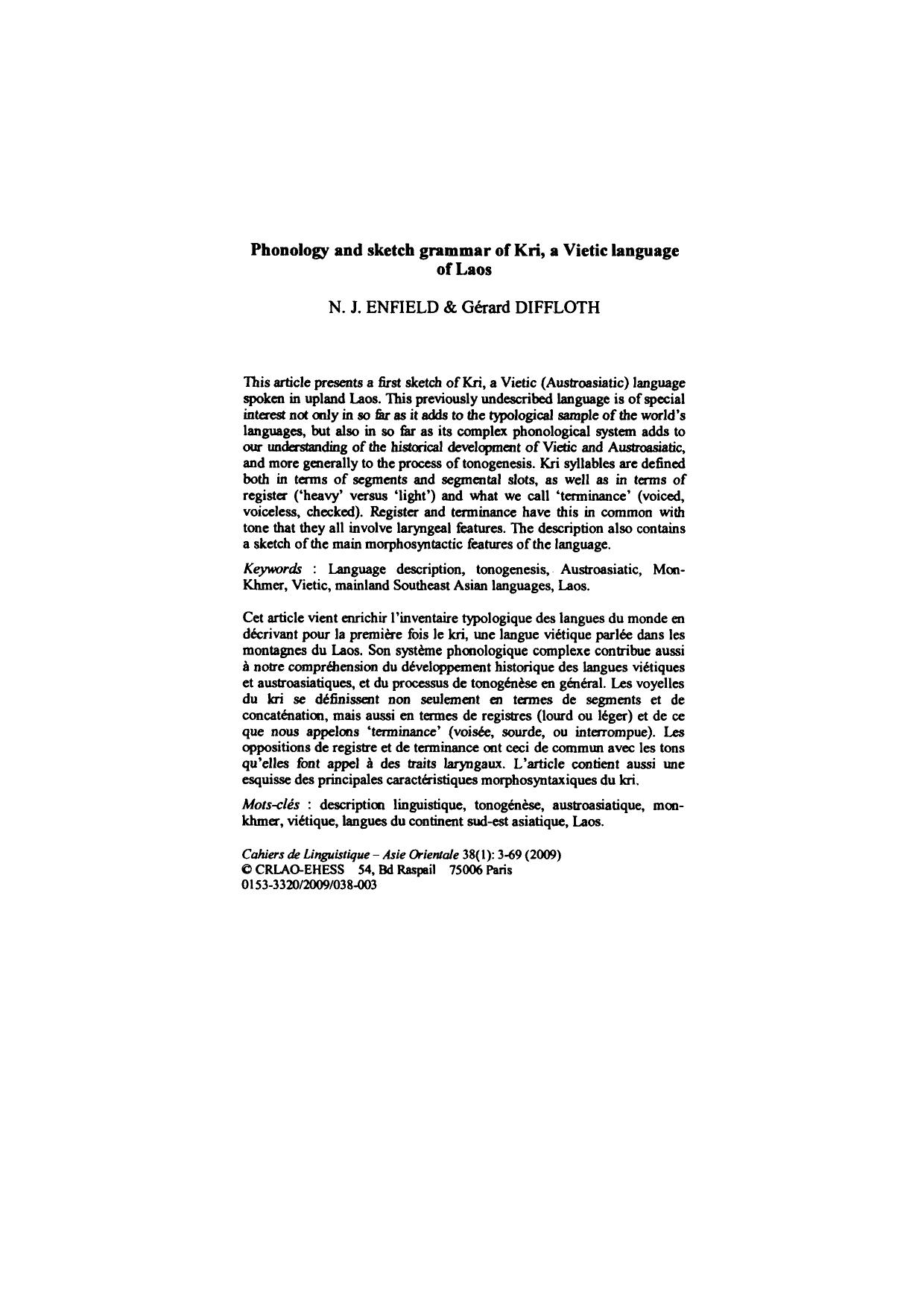 Kri, a Vietic language of Laos, Phonology and sketch grammar of (Enfield & Diffloth) by Unknown