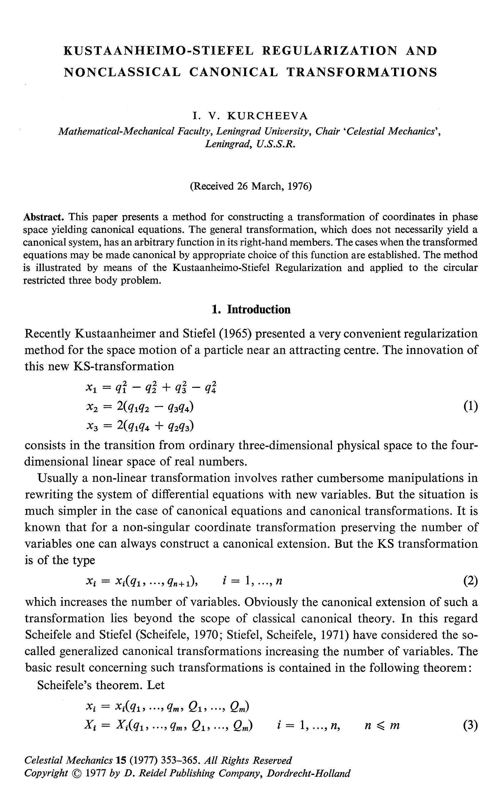 Kustaanheimo-Stiefel Regularization and nonclassical canonical transformations by Unknown