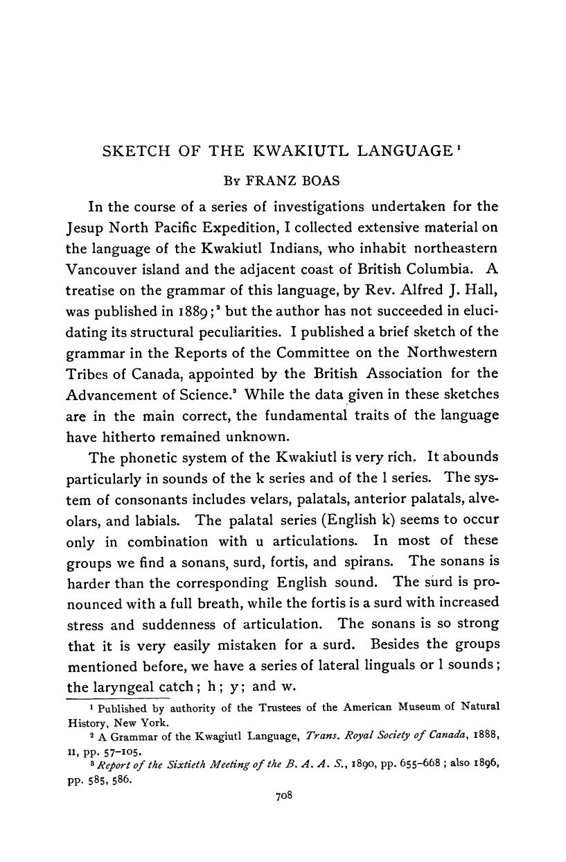 Kwak'wala; Sketch of the Kwakiutl Language (Boas) (1900) by Unknown